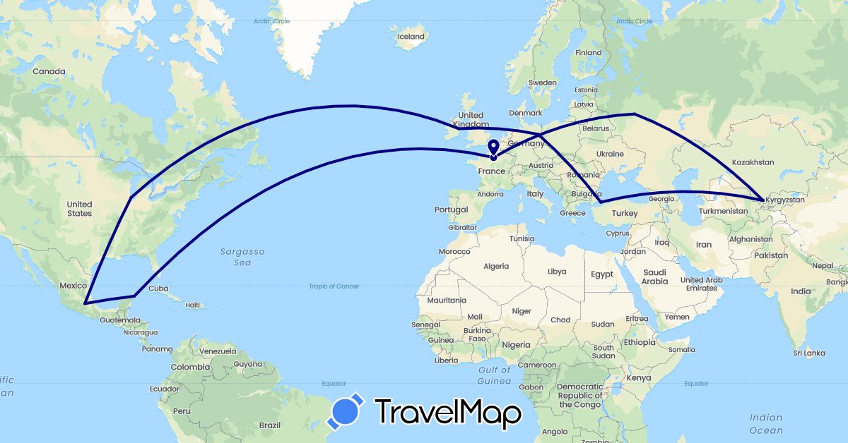 TravelMap itinerary: driving in Germany, France, Ireland, Mexico, Russia, Turkey, United States, Uzbekistan (Asia, Europe, North America)